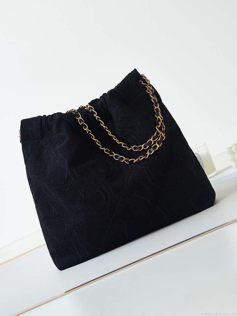 Chanel 22 Handbag Shiny AS3261 Black Velvet Gold