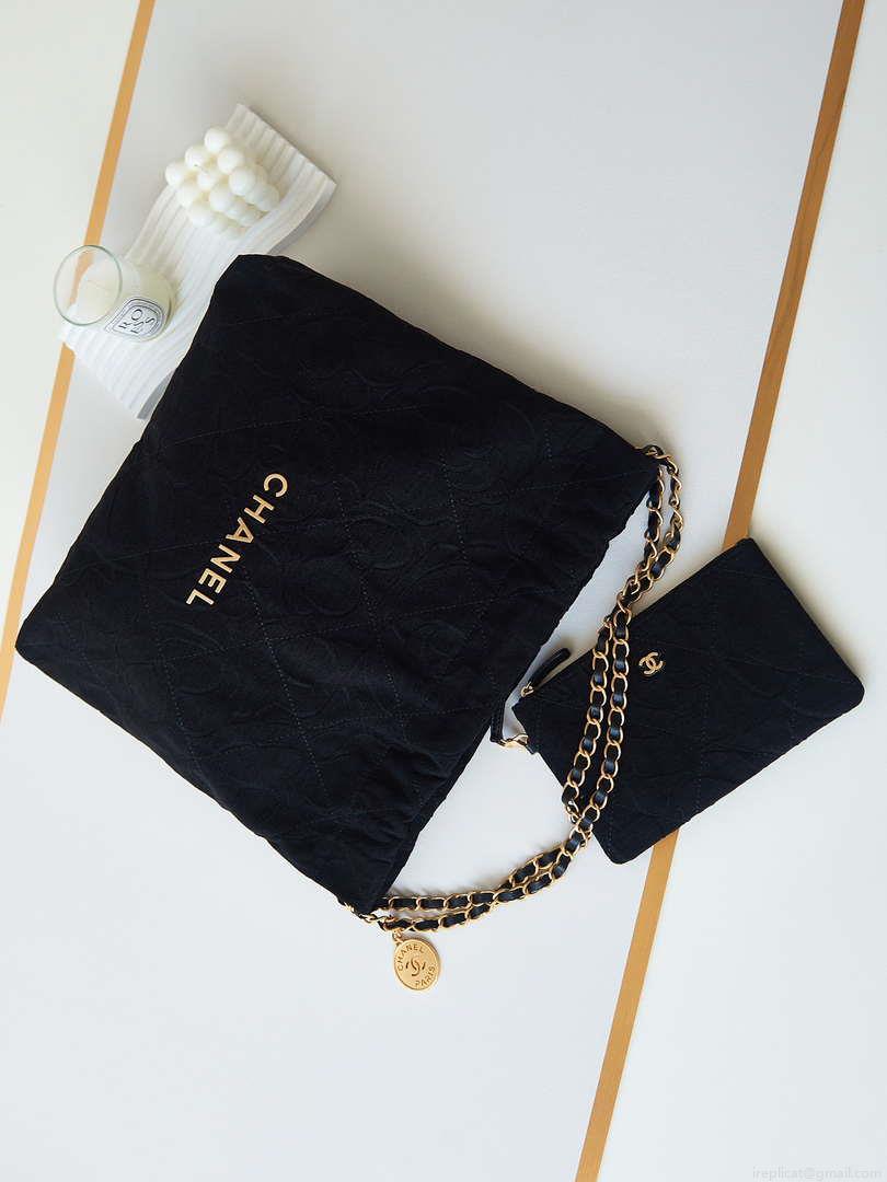Chanel 22 Handbag Shiny AS3261 Black Velvet Gold