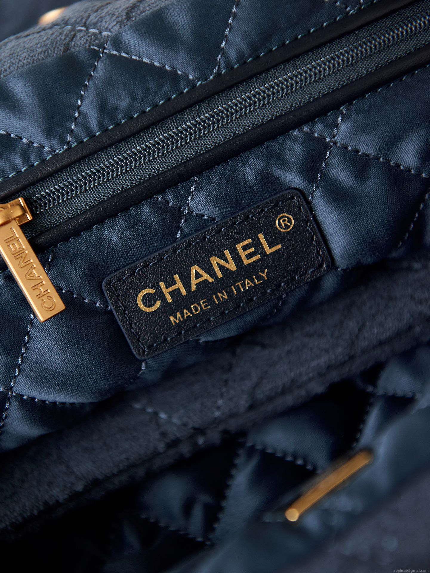 Chanel 22 Handbag Shiny AS3261 Navy Blue Velvet Gold