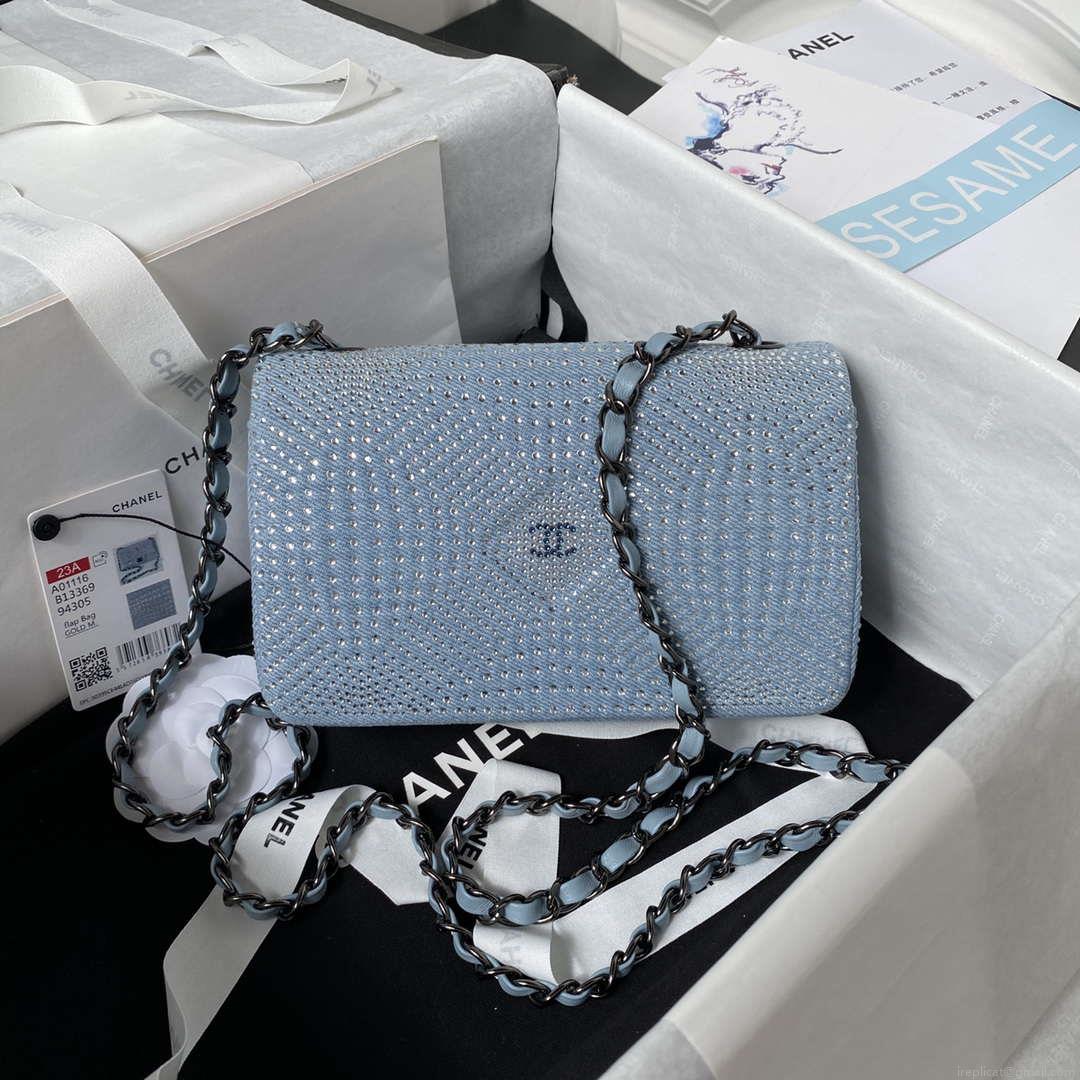 Chanel AS1116 Small Flap bag Velvet Crystal Pearl A69900 Blue