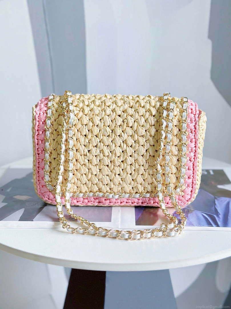 Chanel AS1116 Small Flap bag Raffia A69900 Beige & Pink