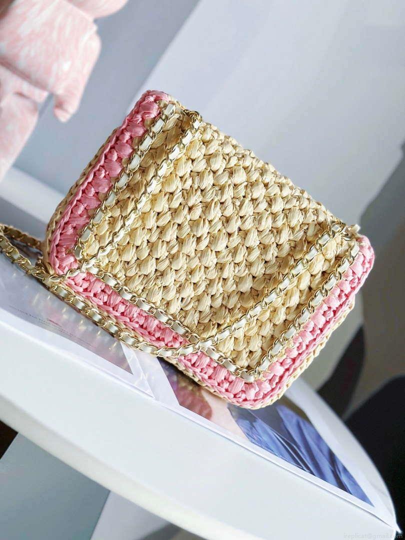 Chanel AS1115 Small Flap bag Raffia 18cm Beige & Pink