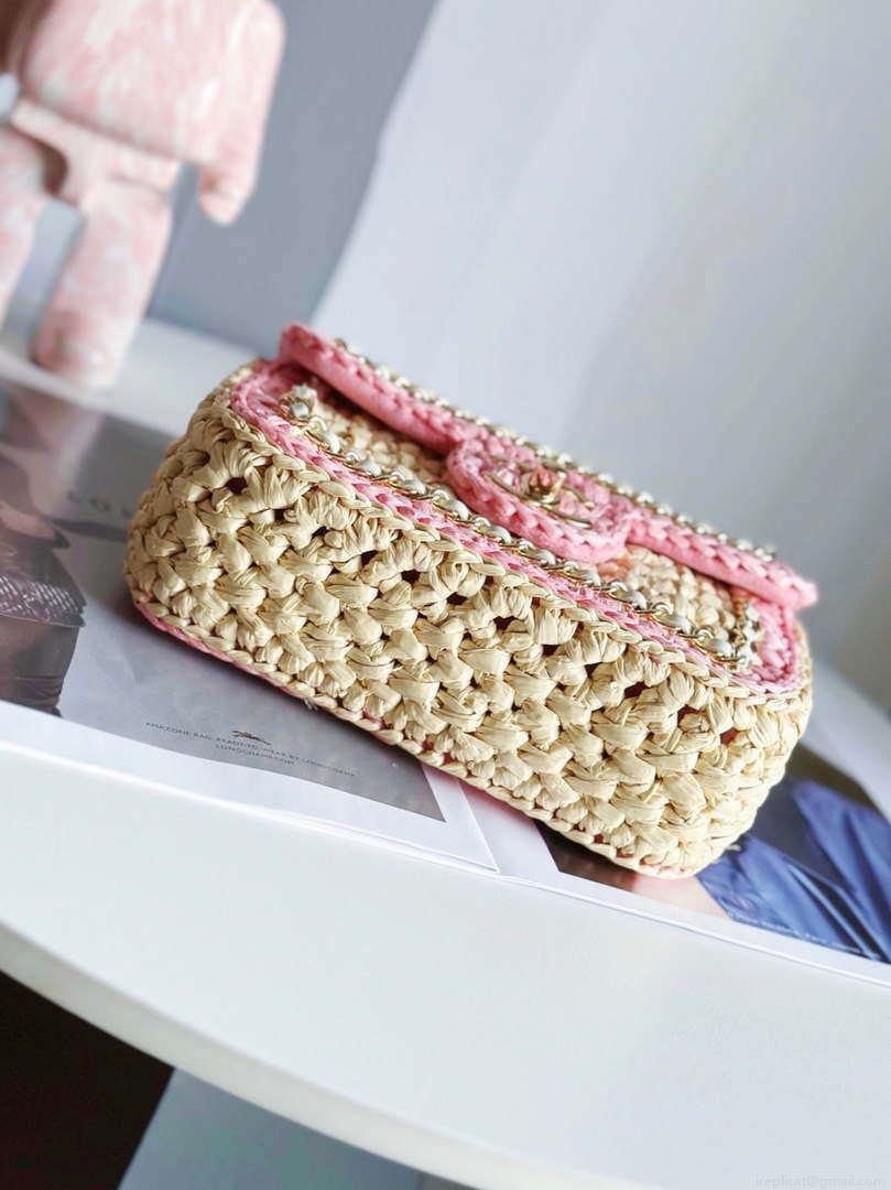 Chanel AS1115 Small Flap bag Raffia 18cm Beige & Pink