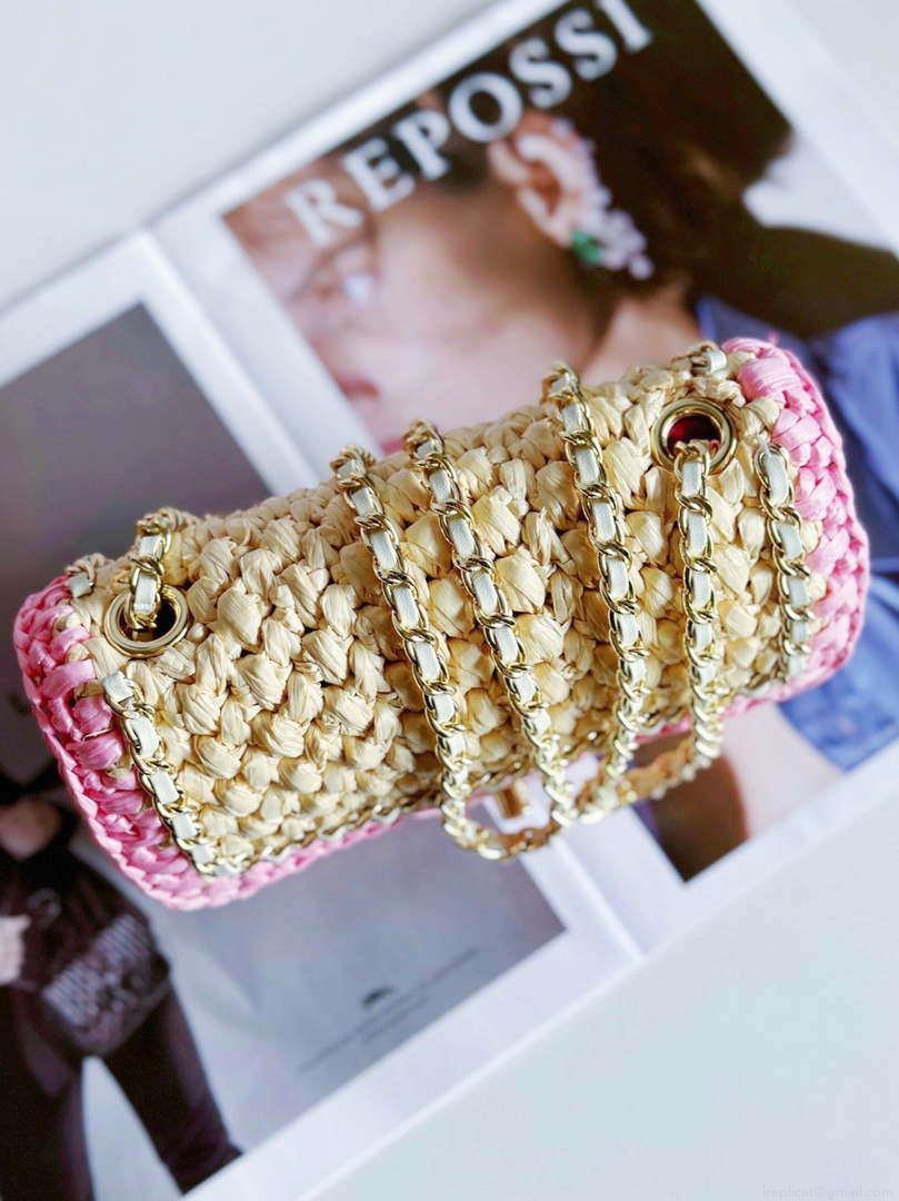 Chanel AS1115 Small Flap bag Raffia 18cm Beige & Pink