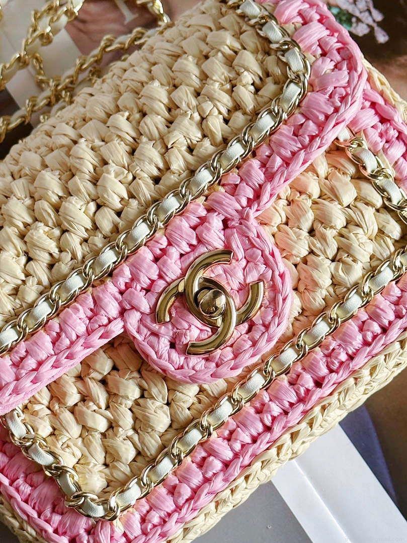 Chanel AS1115 Small Flap bag Raffia 18cm Beige & Pink