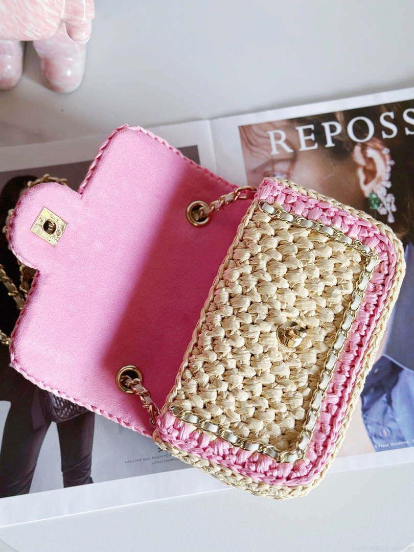 Chanel AS1115 Small Flap bag Raffia 18cm Beige & Pink