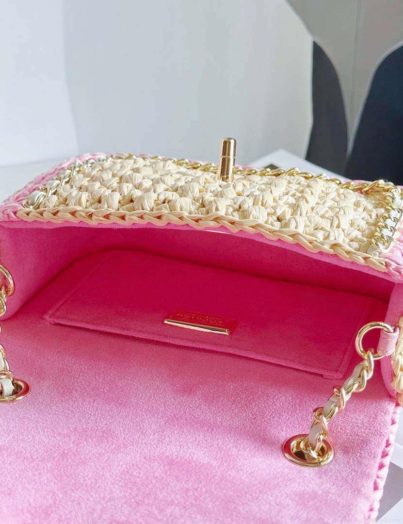 Chanel AS1115 Small Flap bag Raffia 18cm Beige & Pink