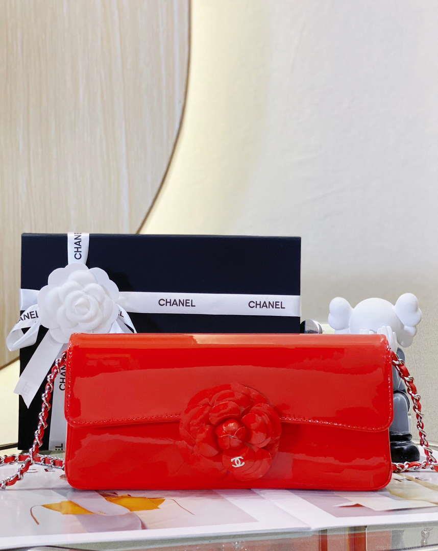Chanel AS4498 Clutch Flap Bag Patent Calfskin & Gold Metal Red