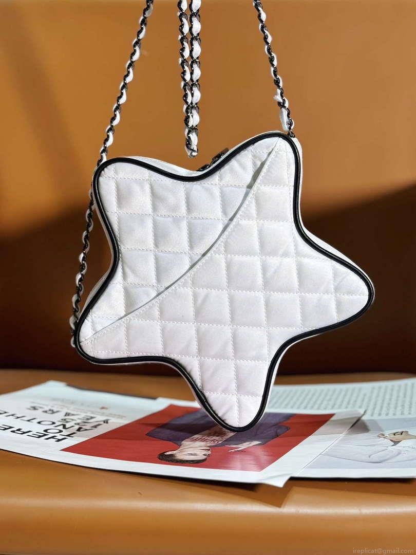 Chanel AS4579 Star Handbag Satin & Black-tone metal White