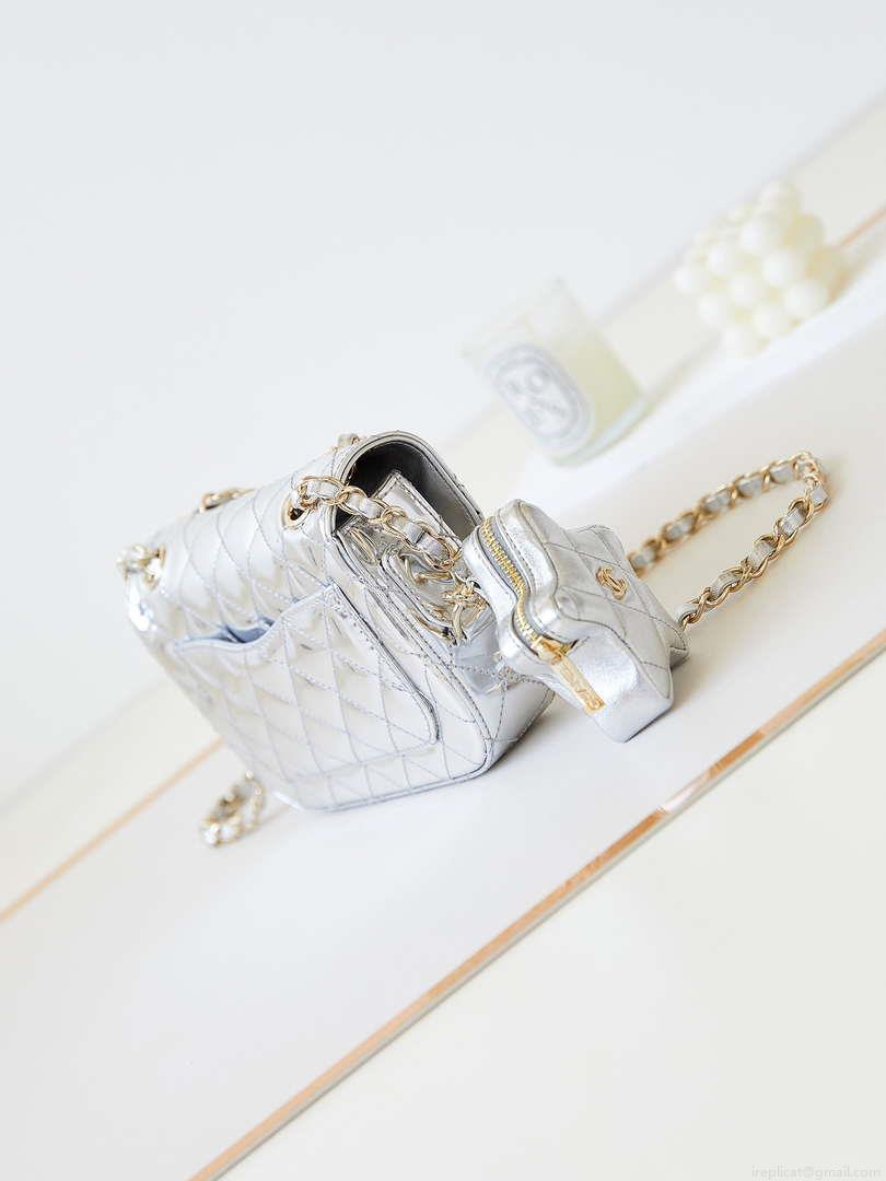 Chanel AS4646 MINI FLAP BAG & STAR COIN PURSE Mirror Calfskin Metallic Calfskin & Gold-Tone Metal Silver
