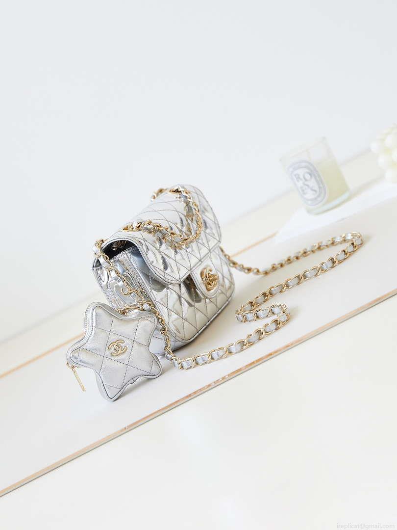 Chanel AS4646 MINI FLAP BAG & STAR COIN PURSE Mirror Calfskin Metallic Calfskin & Gold-Tone Metal Silver