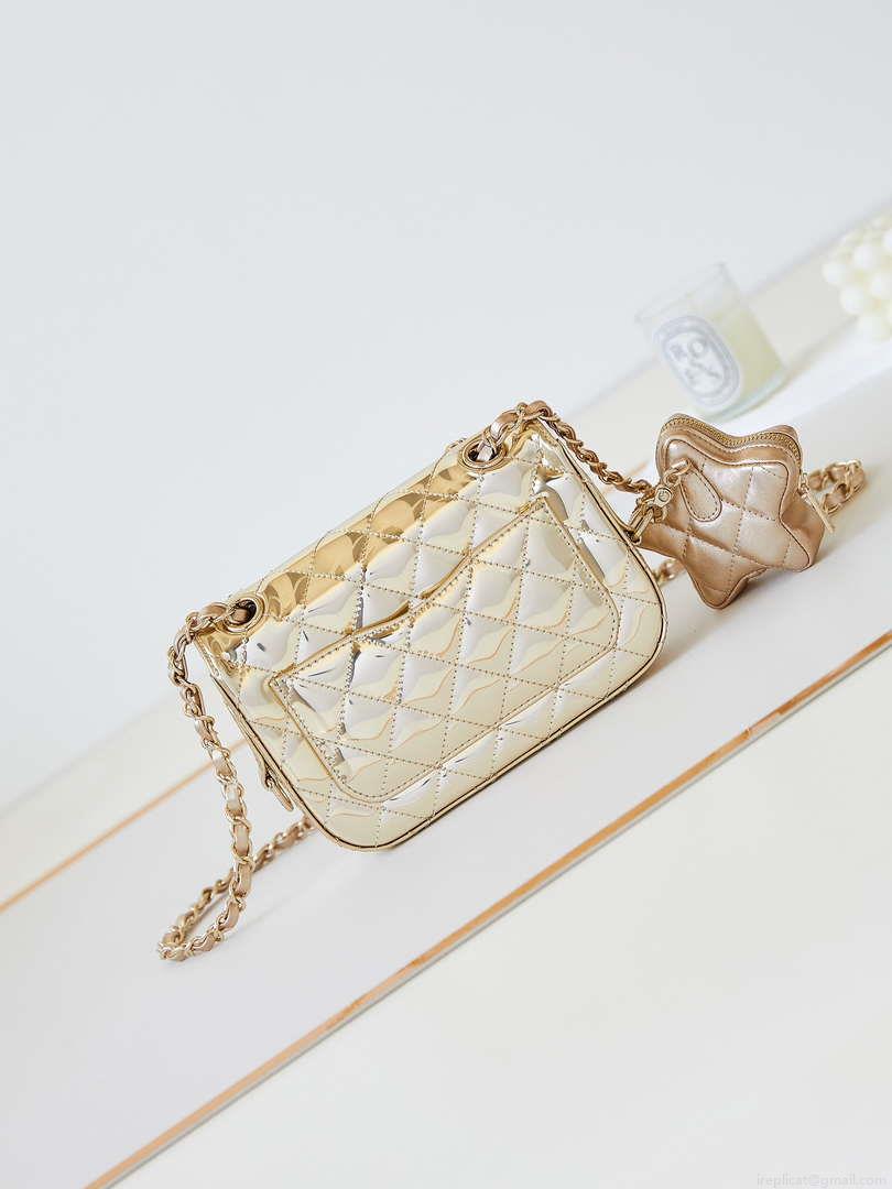 Chanel AS4646 MINI FLAP BAG & STAR COIN PURSE Mirror Calfskin Metallic Calfskin & Gold-Tone Metal Gold