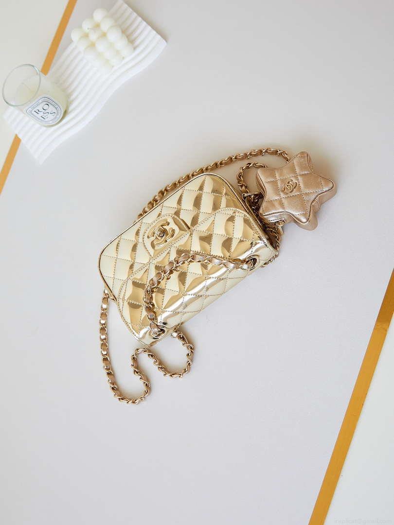 Chanel AS4646 MINI FLAP BAG & STAR COIN PURSE Mirror Calfskin Metallic Calfskin & Gold-Tone Metal Gold