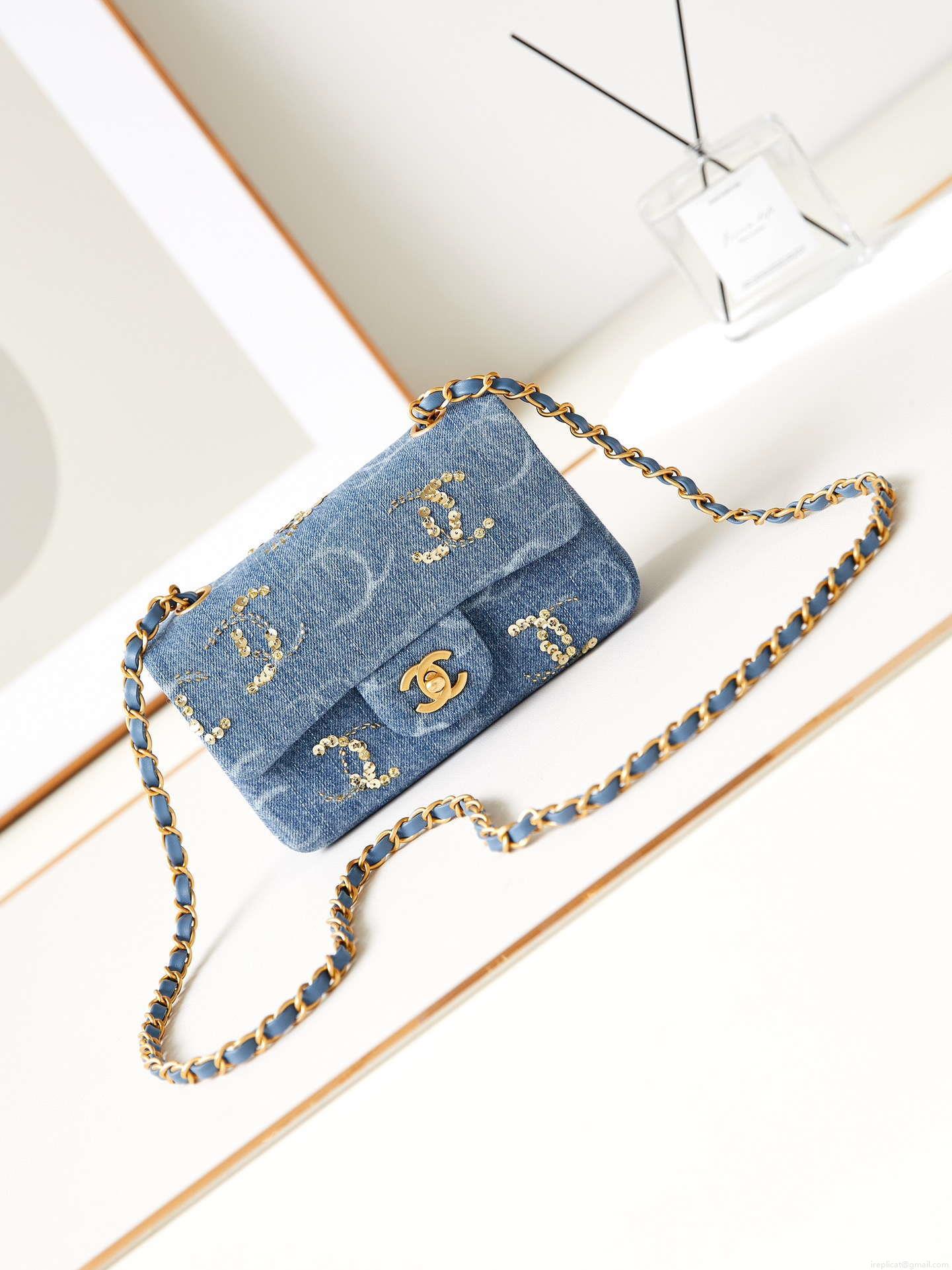 Chanel AS1119 Small Flap Classic Handbag Blue Denim beaded sequin bag