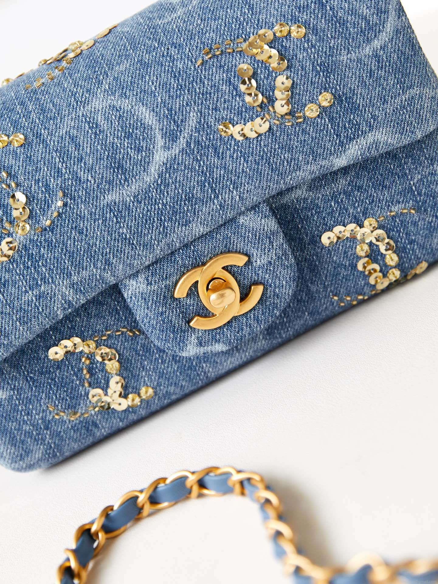 Chanel AS1119 Small Flap Classic Handbag Blue Denim beaded sequin bag