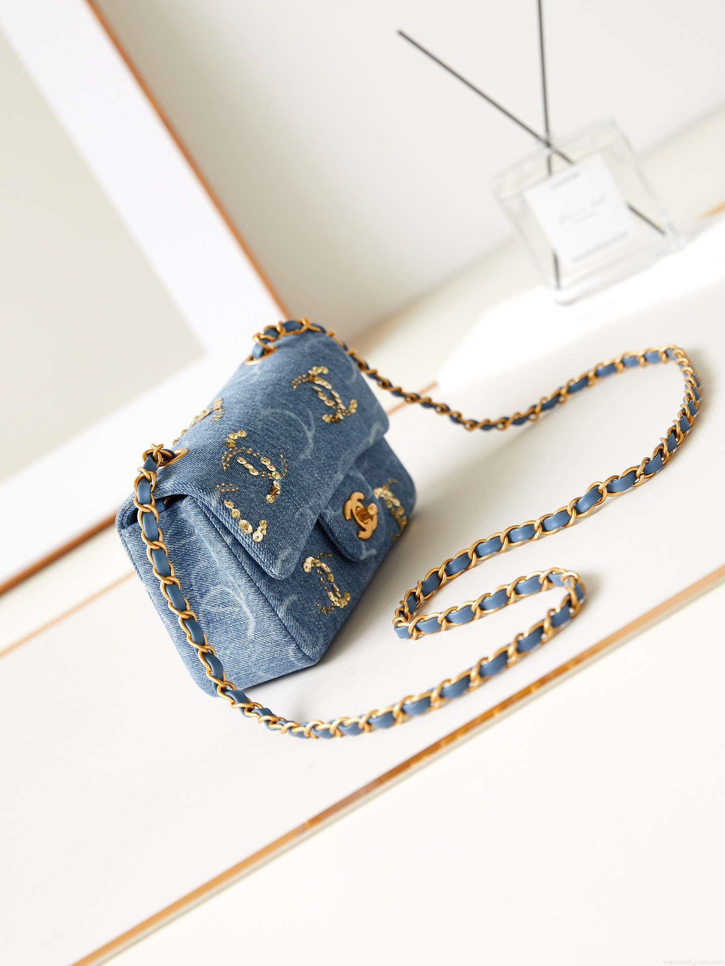 Chanel AS1119 Small Flap Classic Handbag Blue Denim beaded sequin bag