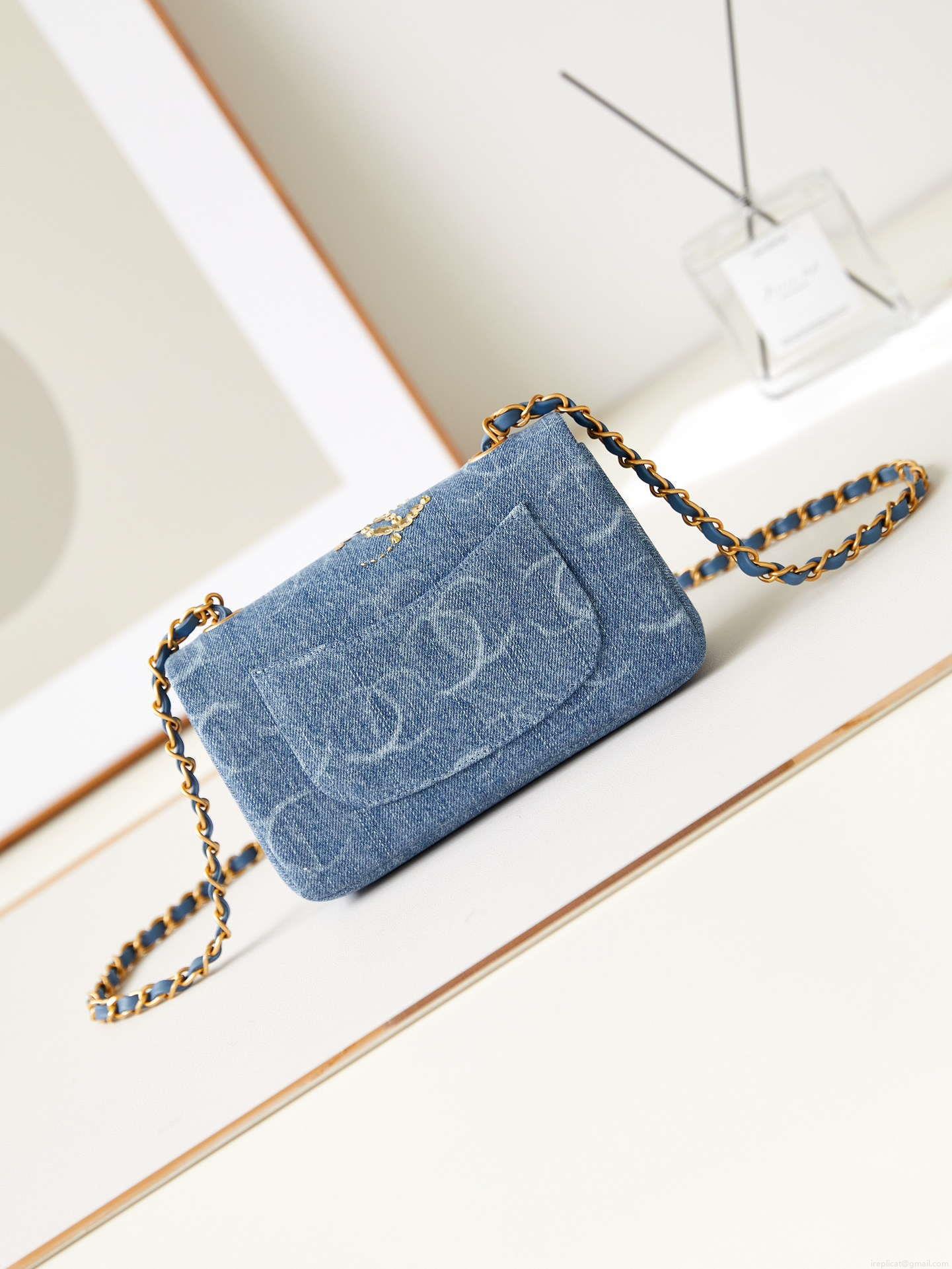 Chanel AS1119 Small Flap Classic Handbag Blue Denim beaded sequin bag
