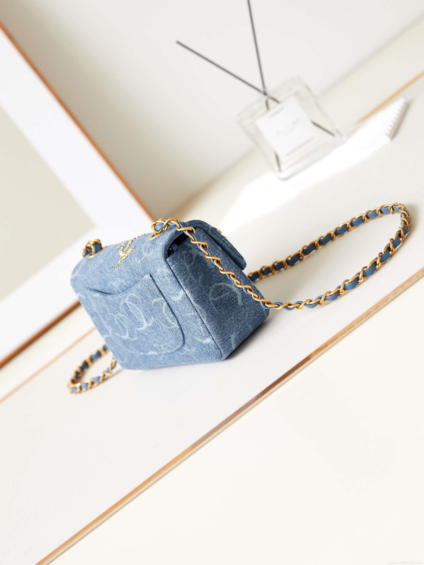 Chanel AS1119 Small Flap Classic Handbag Blue Denim beaded sequin bag