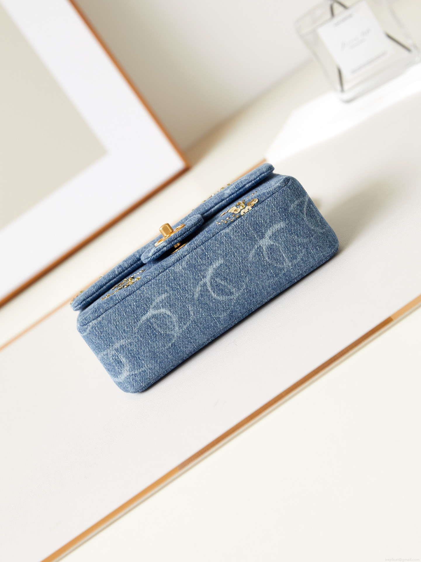 Chanel AS1119 Small Flap Classic Handbag Blue Denim beaded sequin bag