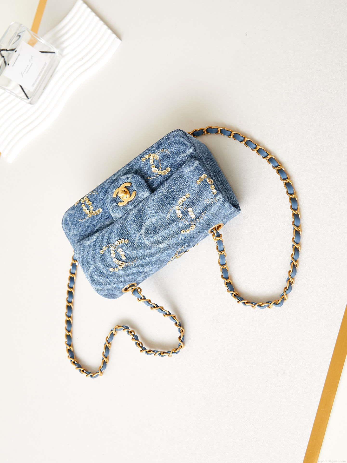 Chanel AS1119 Small Flap Classic Handbag Blue Denim beaded sequin bag