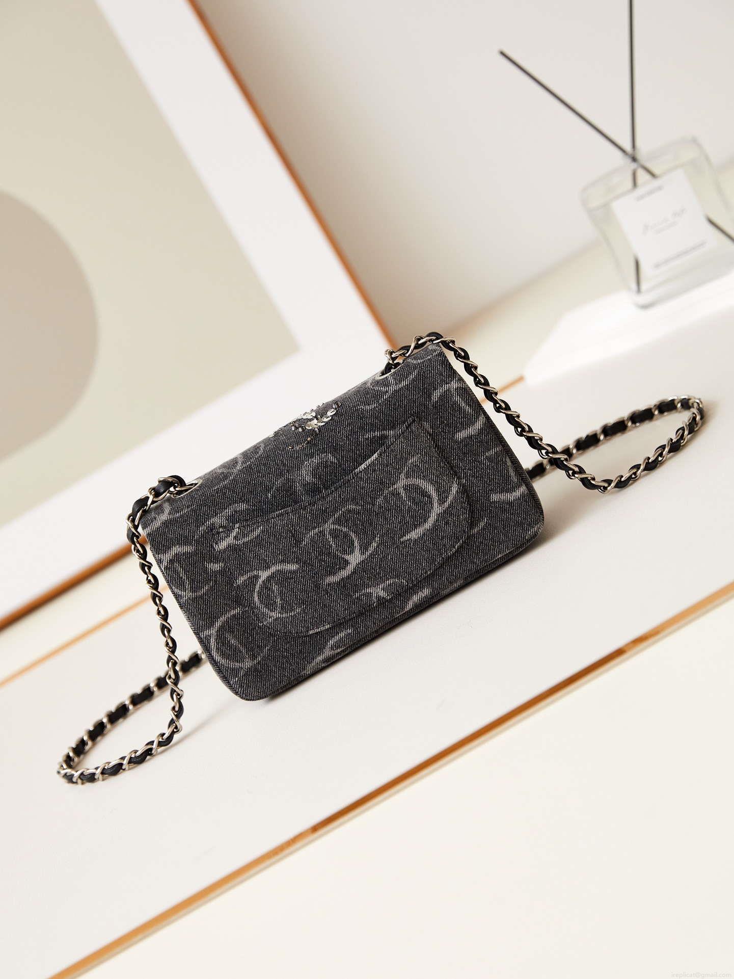 Chanel AS1119 Small Flap Classic Handbag Black Denim beaded sequin bag