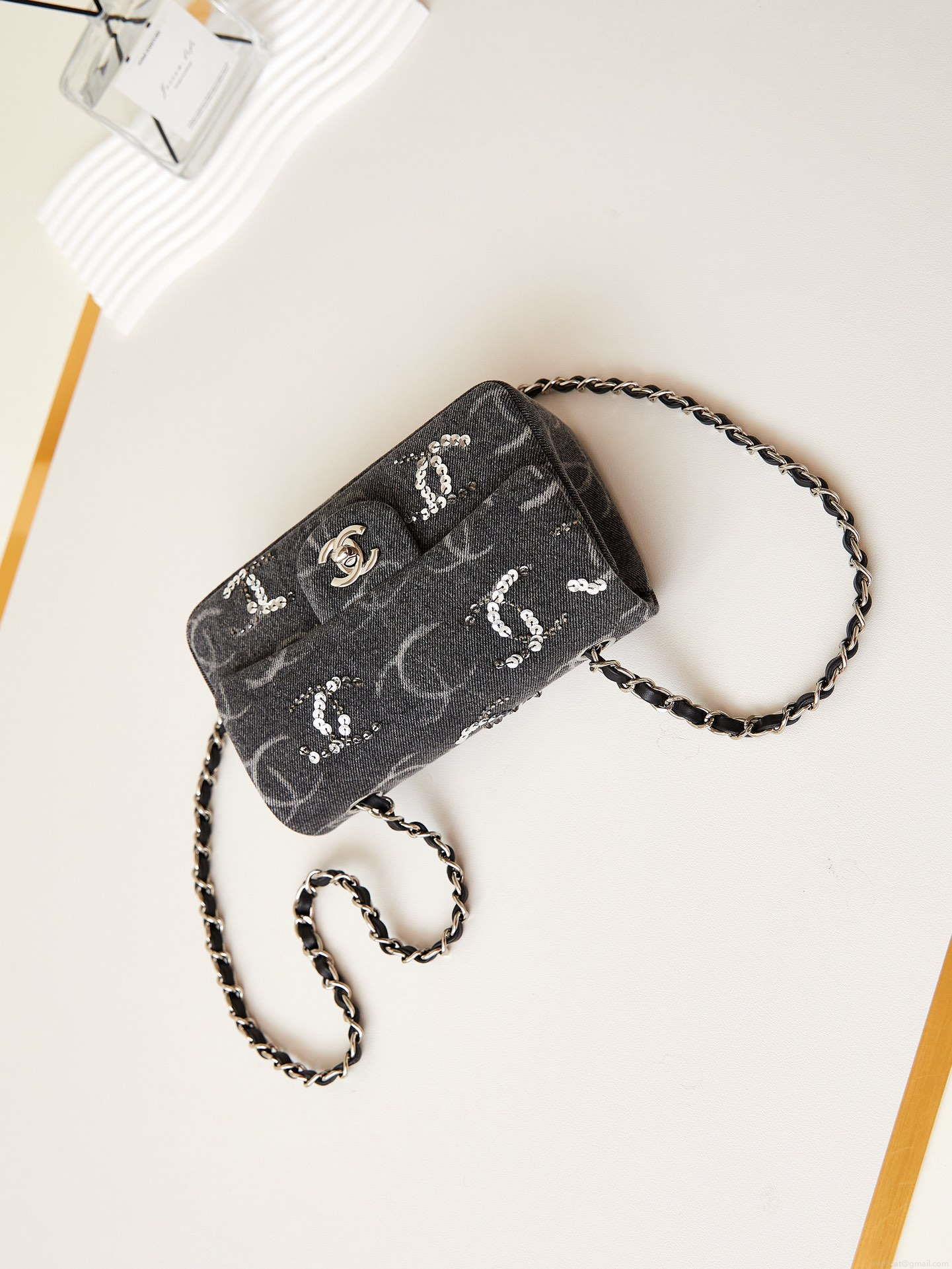Chanel AS1119 Small Flap Classic Handbag Black Denim beaded sequin bag