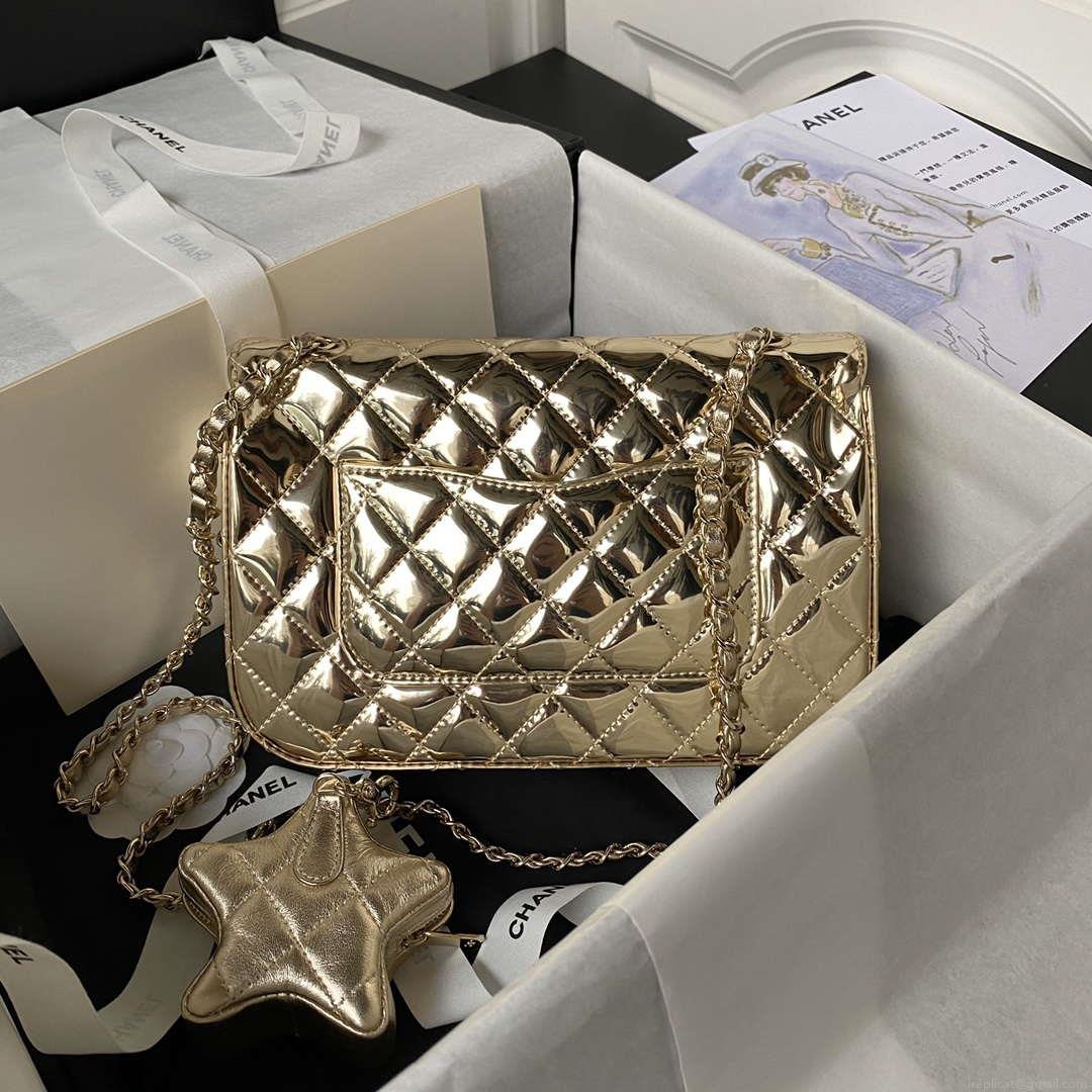 Chanel AS4648 Flap Bag & STAR COIN PURSE Mirror Calfskin Metallic Calfskin & Gold-Tone Metal Gold