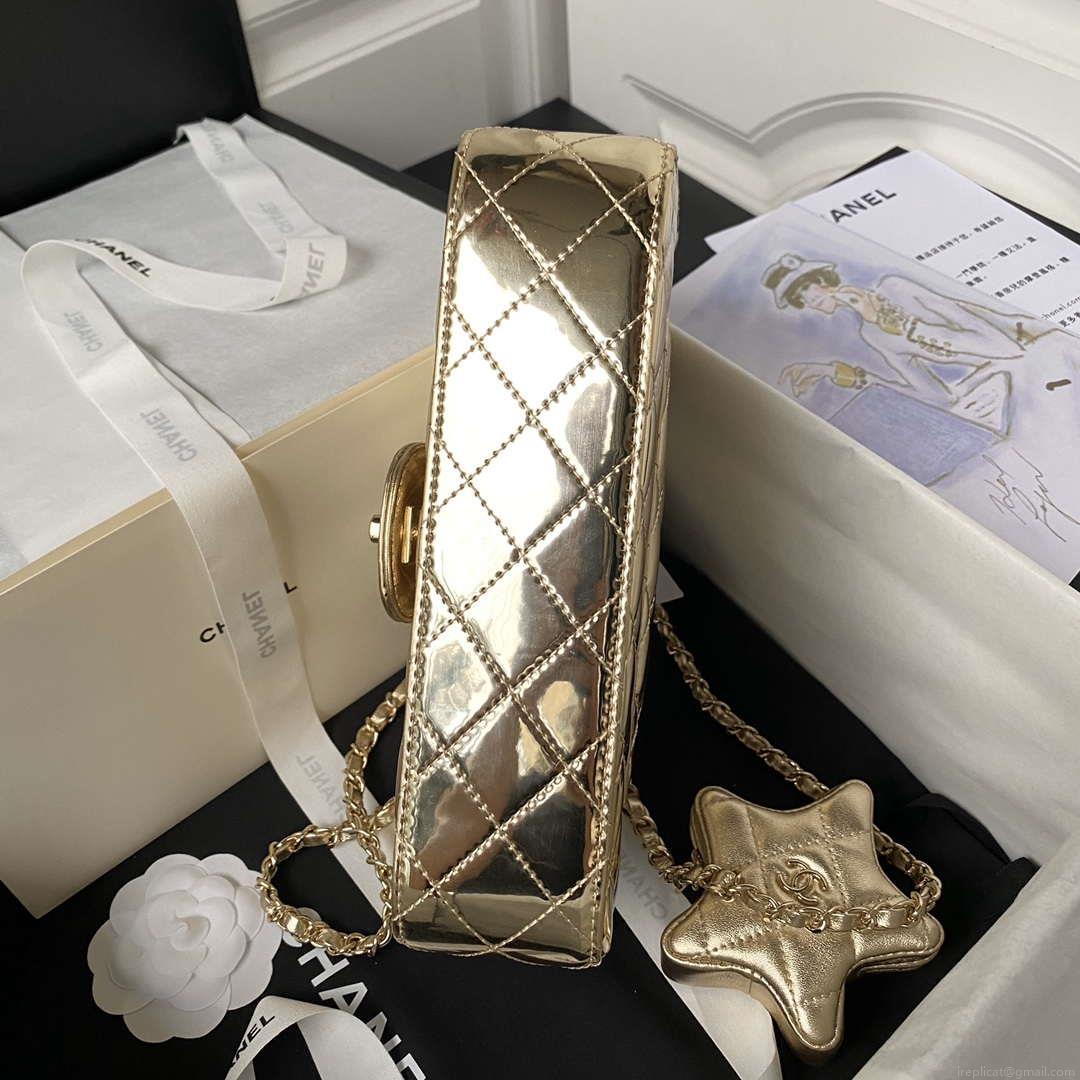 Chanel AS4648 Flap Bag & STAR COIN PURSE Mirror Calfskin Metallic Calfskin & Gold-Tone Metal Gold