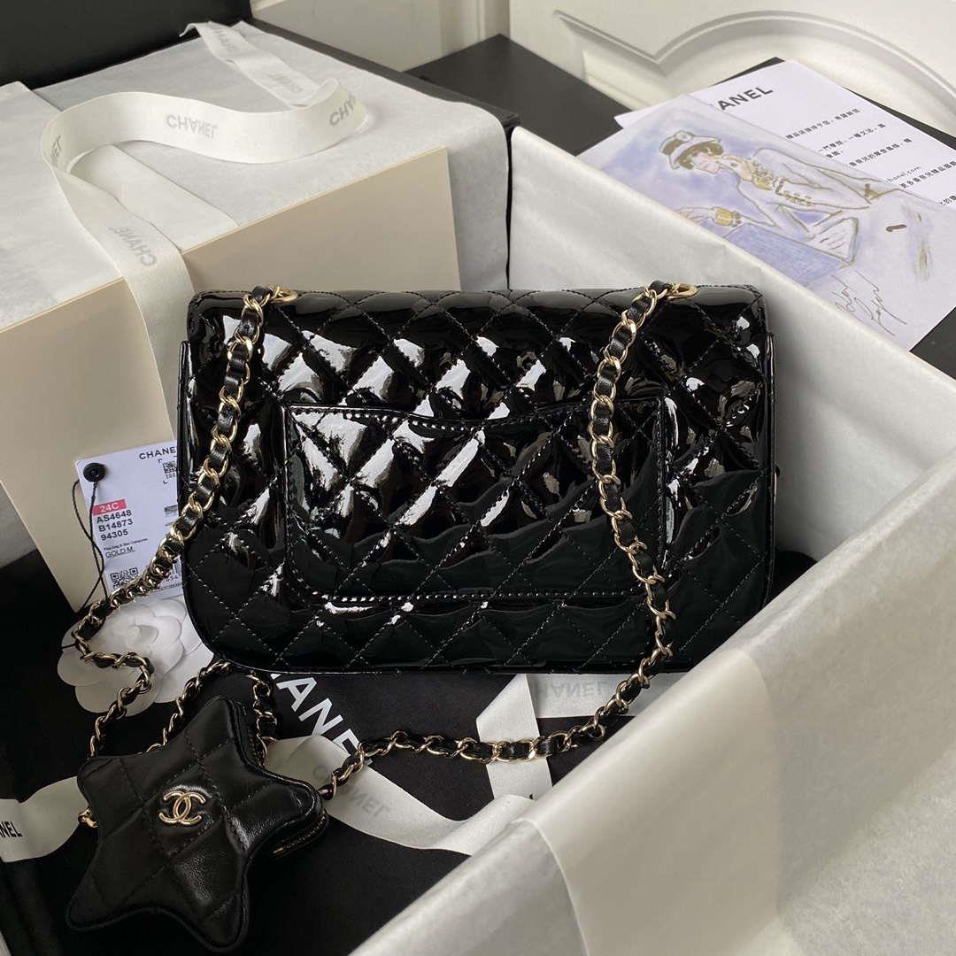 Chanel AS4648 Flap Bag & STAR COIN PURSE Mirror Calfskin Metallic Calfskin & Gold-Tone Metal Black