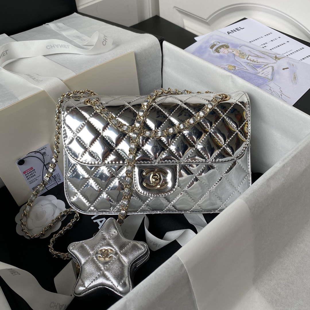 Chanel AS4648 Flap Bag & STAR COIN PURSE Mirror Calfskin Metallic Calfskin & Gold-Tone Metal Silver