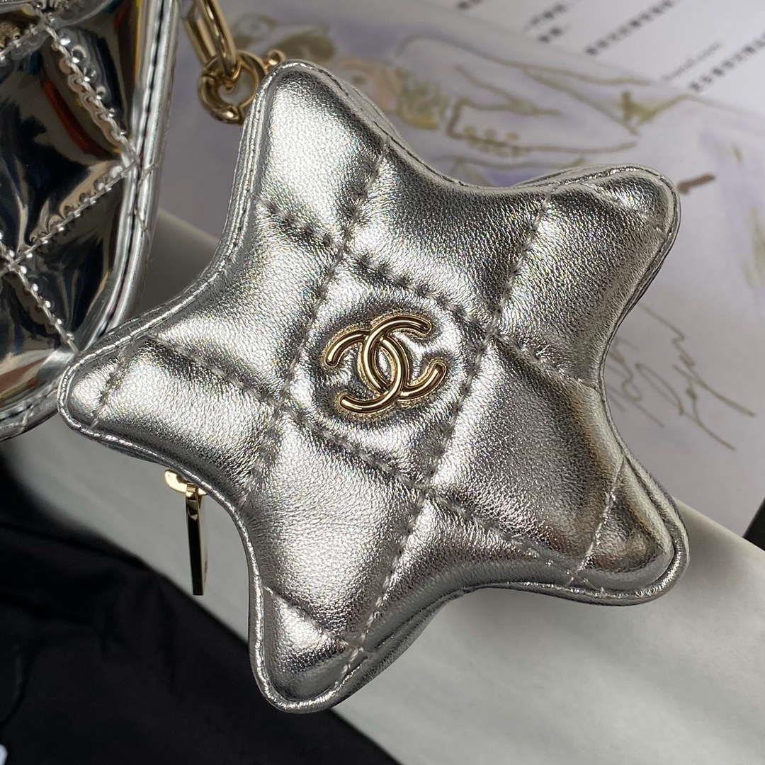 Chanel AS4648 Flap Bag & STAR COIN PURSE Mirror Calfskin Metallic Calfskin & Gold-Tone Metal Silver