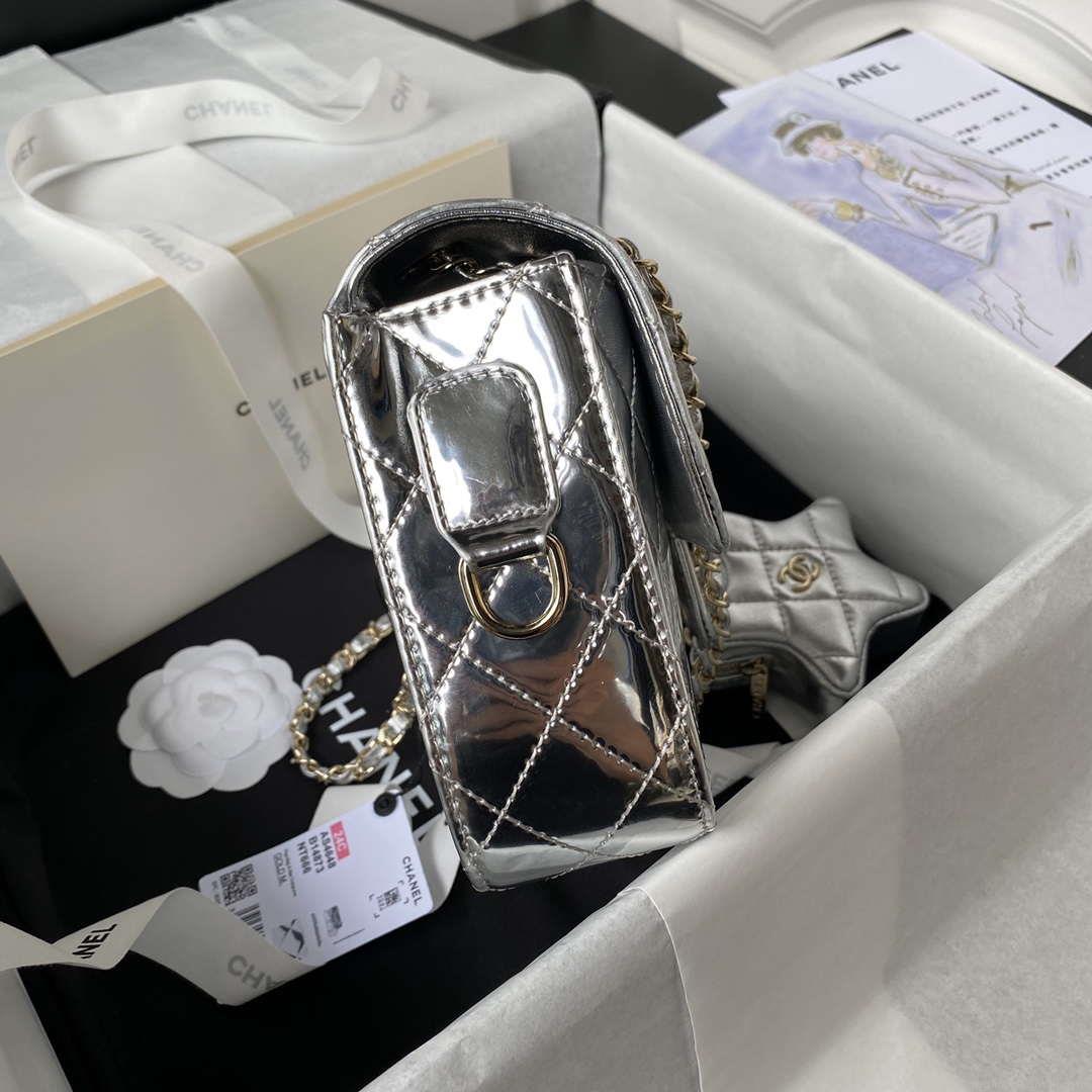 Chanel AS4648 Flap Bag & STAR COIN PURSE Mirror Calfskin Metallic Calfskin & Gold-Tone Metal Silver