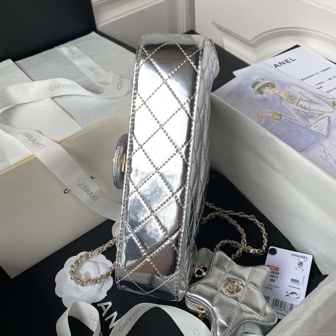 Chanel AS4648 Flap Bag & STAR COIN PURSE Mirror Calfskin Metallic Calfskin & Gold-Tone Metal Silver