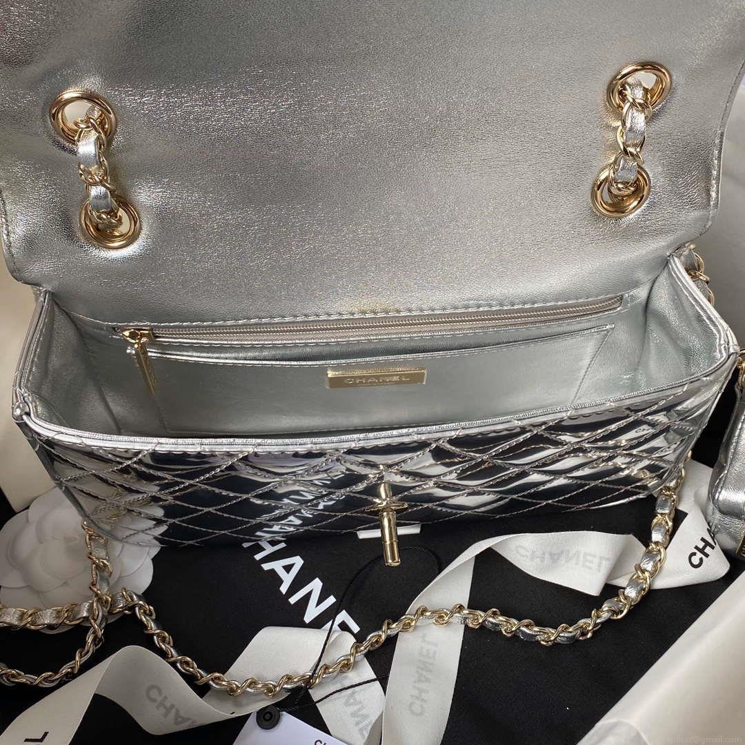 Chanel AS4648 Flap Bag & STAR COIN PURSE Mirror Calfskin Metallic Calfskin & Gold-Tone Metal Silver