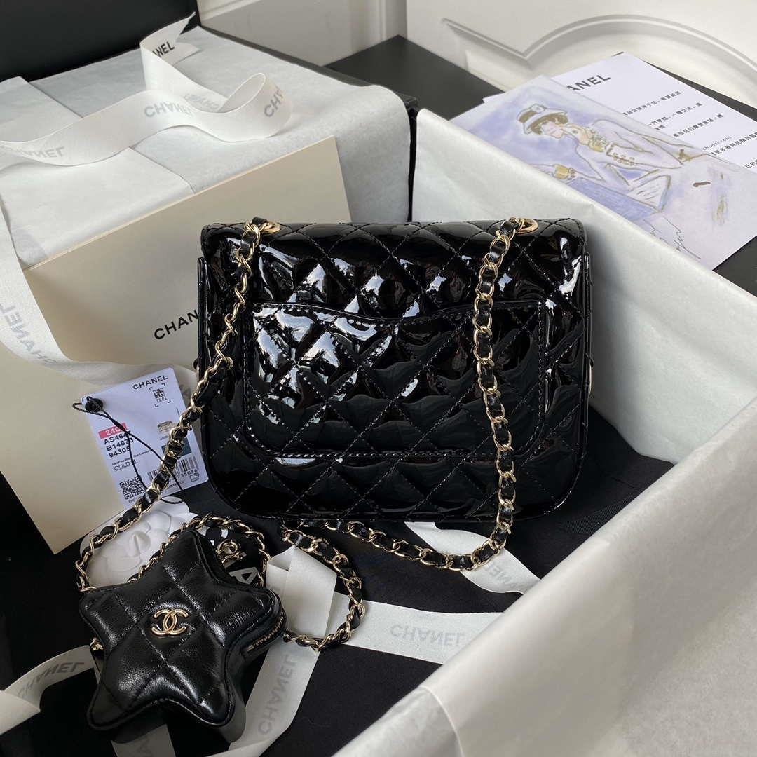 Chanel AS4647 Mini Flap Bag & STAR COIN PURSE Metallic Calfskin & Gold-Tone Metal Black