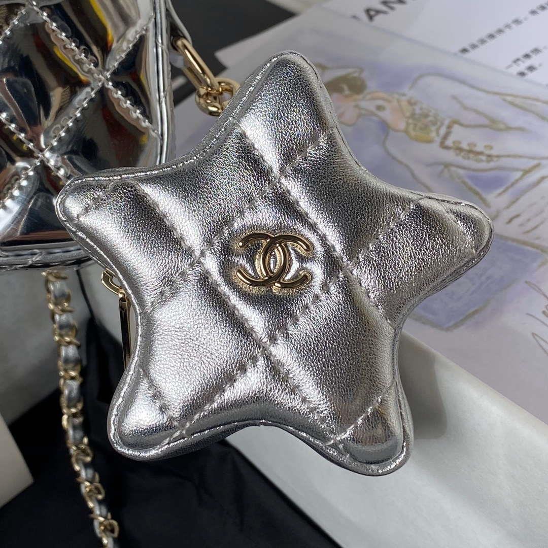 Chanel AS4647 Mini Flap Bag & STAR COIN PURSE Metallic Calfskin & Gold-Tone Metal Silver
