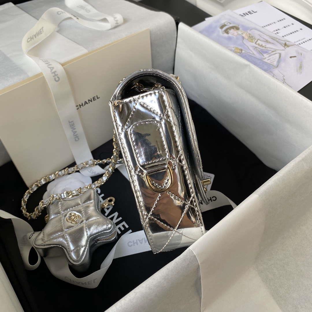 Chanel AS4647 Mini Flap Bag & STAR COIN PURSE Metallic Calfskin & Gold-Tone Metal Silver