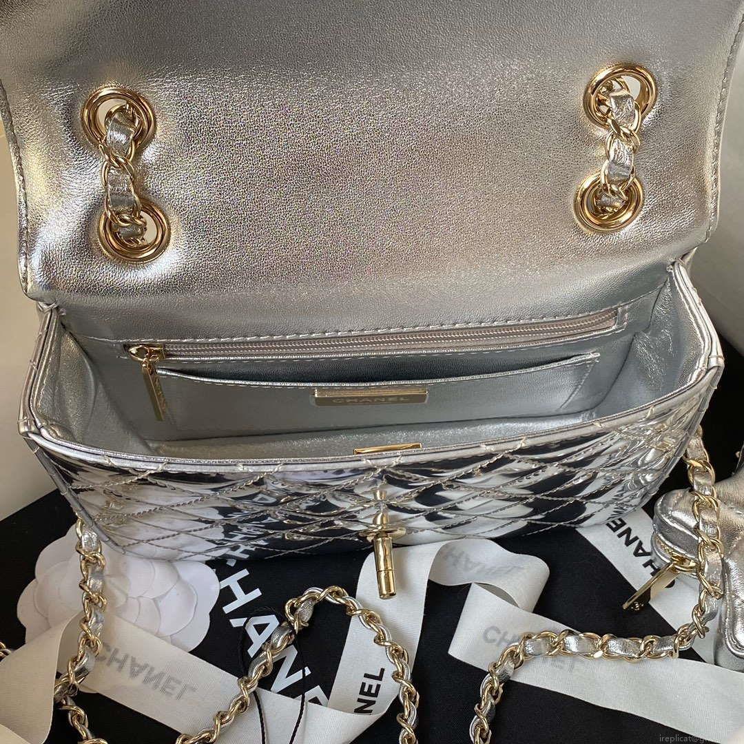 Chanel AS4647 Mini Flap Bag & STAR COIN PURSE Metallic Calfskin & Gold-Tone Metal Silver