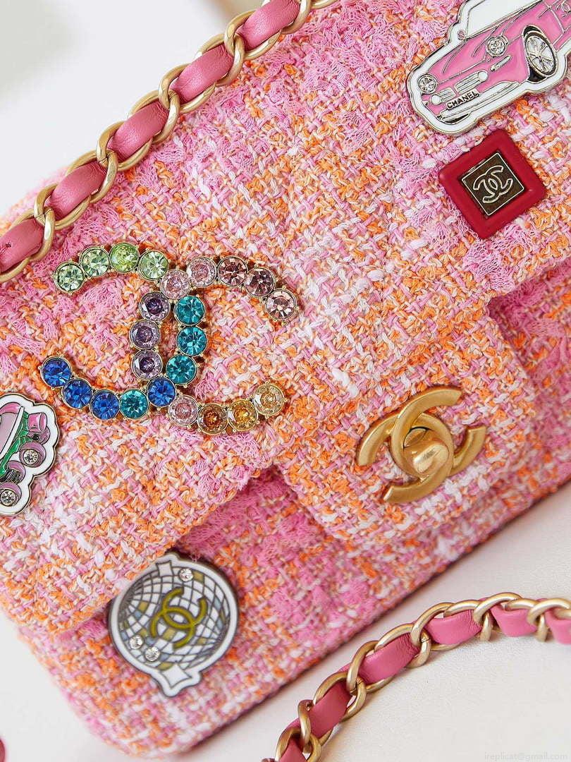 Chanel 24C AS1116 Small Flap bag Woolen A69900 Orange & Pink