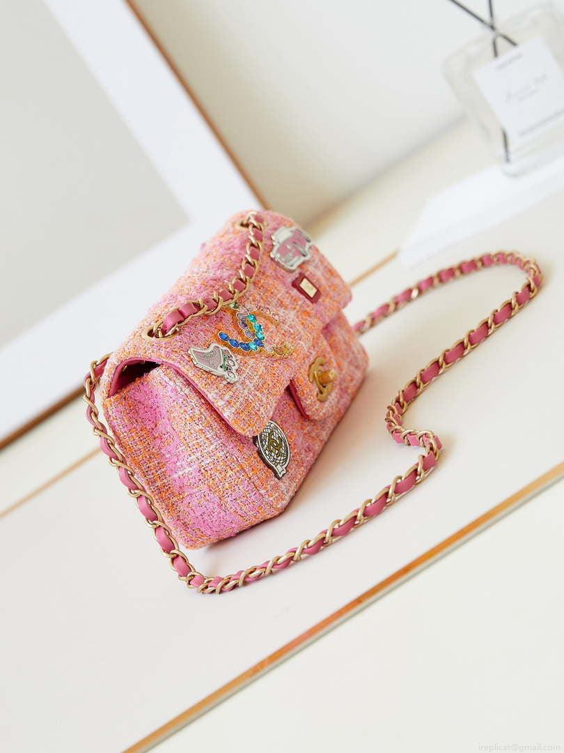 Chanel 24C AS1116 Small Flap bag Woolen A69900 Orange & Pink