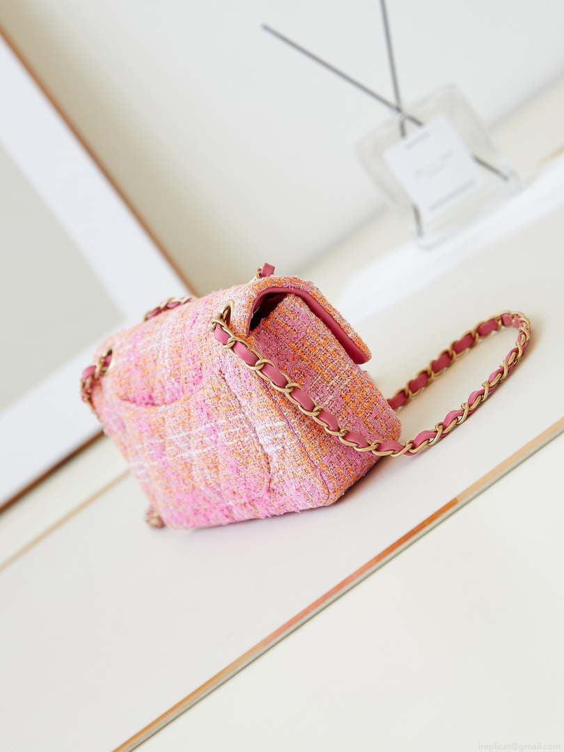 Chanel 24C A01113 Flap Handbag Classic Bag Woolen A69900 Orange & Pink