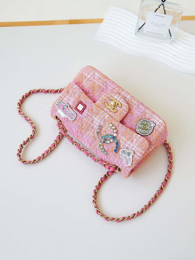 Chanel 24C A01113 Flap Handbag Classic Bag Woolen A69900 Orange & Pink