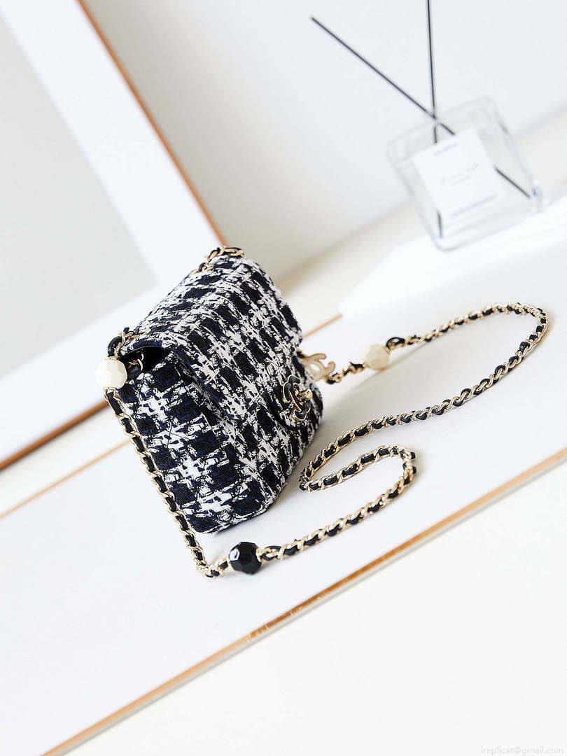 Chanel AS3782 MINI Flap Bag 23P Tweed Gold-Tone Metal 16cm Black & White