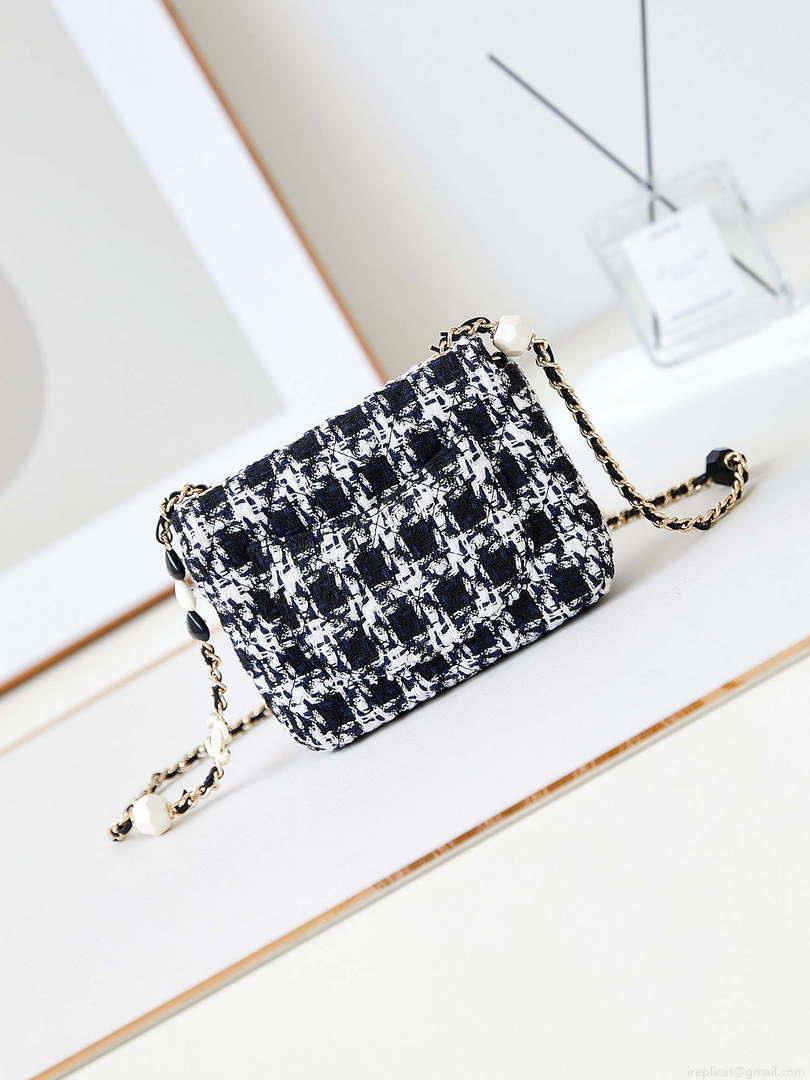 Chanel AS3782 MINI Flap Bag 23P Tweed Gold-Tone Metal 16cm Black & White