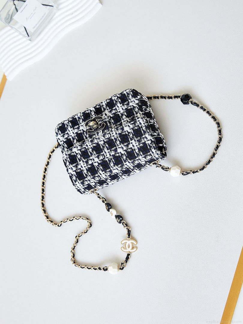 Chanel AS3782 MINI Flap Bag 23P Tweed Gold-Tone Metal 16cm Black & White