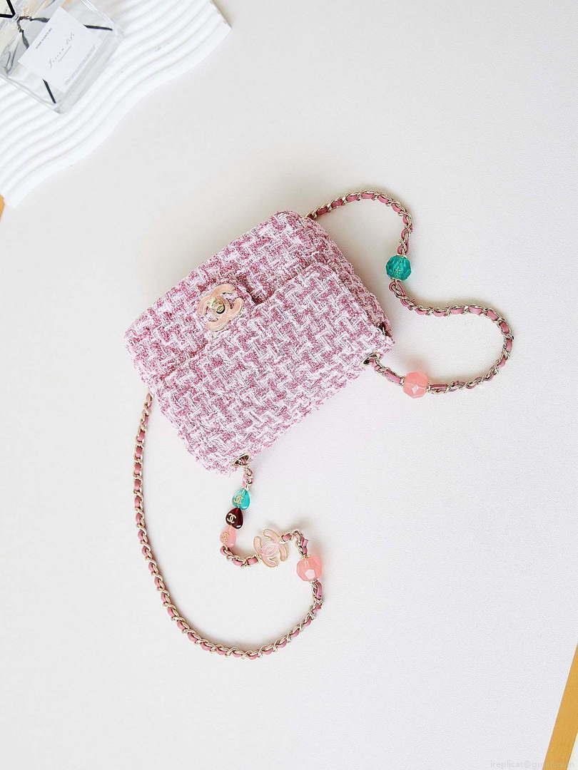 Chanel AS3782 MINI Flap Bag 23P Tweed Gold-Tone Metal 16cm Pink