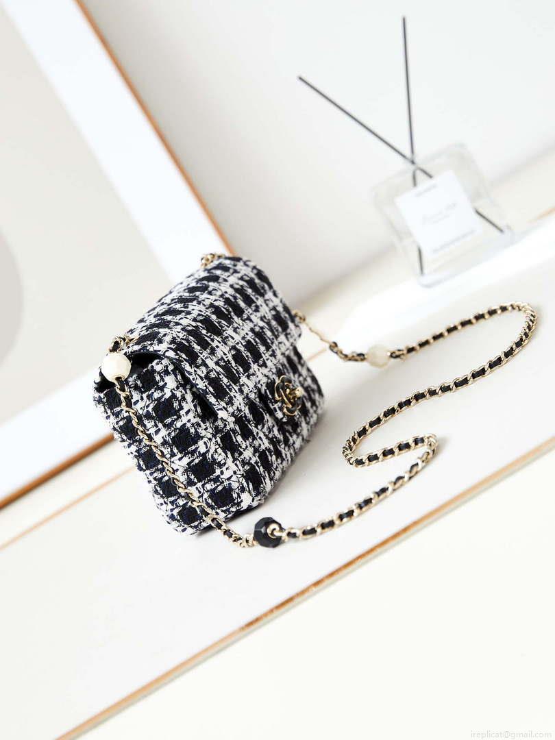 Chanel AS3783 Small Flap Bag 23P Tweed Gold-Tone Metal 18.5 cm White and Black