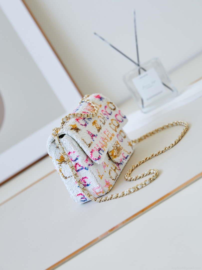 Chanel 24C AS4561 Flap Bag Sequins Gold-Tone Metal White
