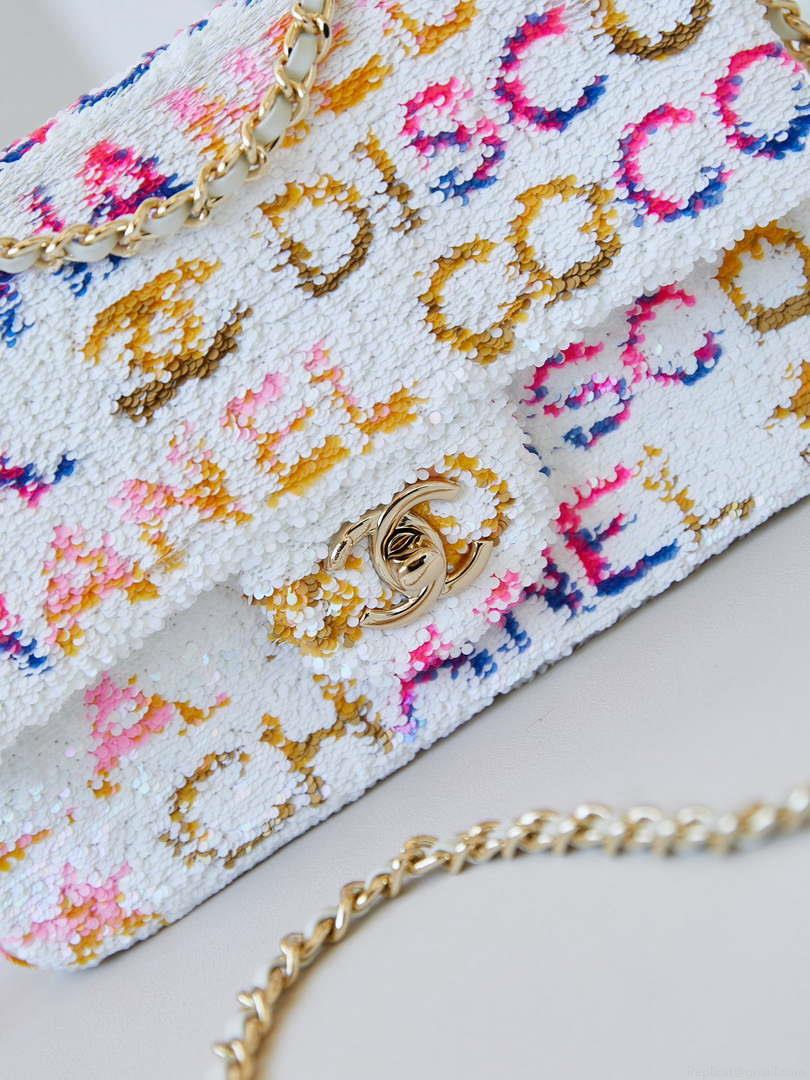Chanel 24C AS4561 Flap Bag Sequins Gold-Tone Metal White