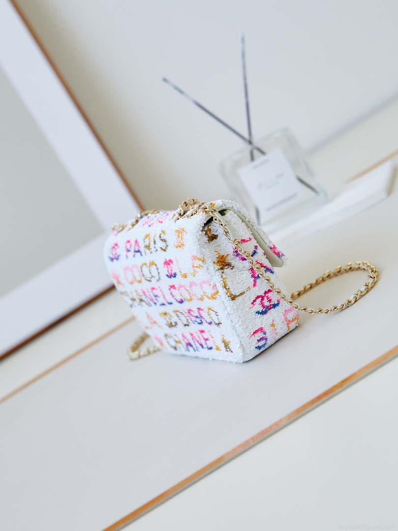 Chanel 24C AS4561 Flap Bag Sequins Gold-Tone Metal White
